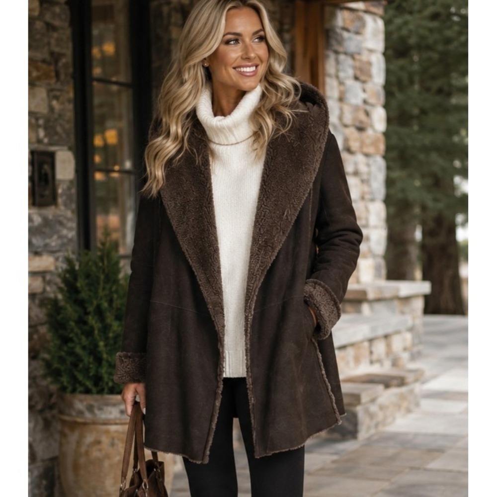 Vince M Shearling Leather Coat Spanish Merino Lamb Wool Brown Suede Hooded - Picture 2 of 13